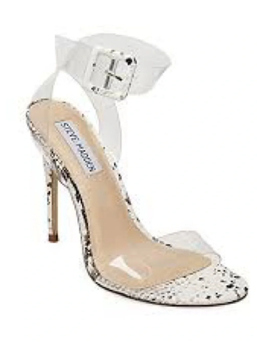 Steve Madden White Snake-Print Clear Strap Stiletto Sandals